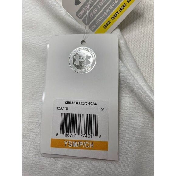 Girls Under Armour White Logo Loose Heat Gear Short Sleeve Top Sz YSM Small NEW - Picture 4 of 7